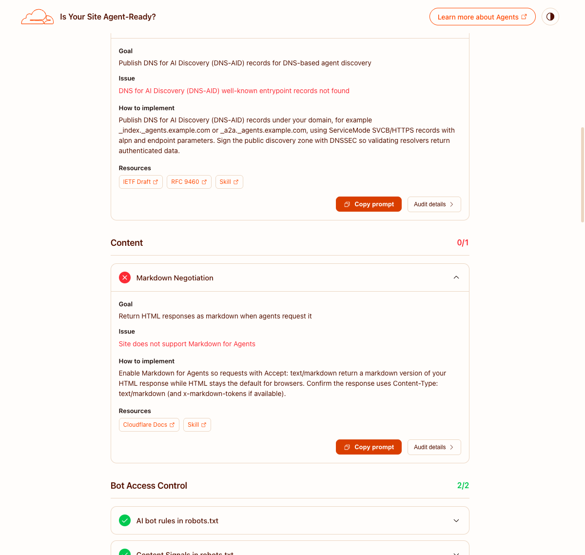 isitagentready's Copy prompt (Markdown Negotiation and DNS-AID)