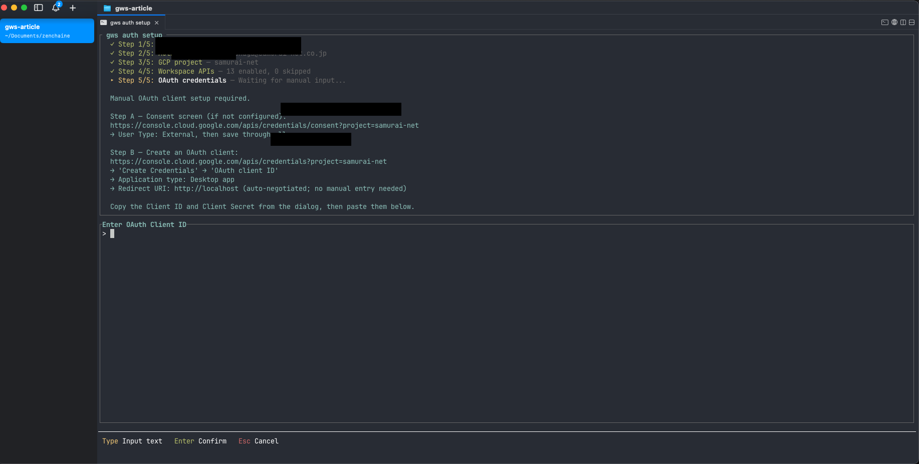 gws auth setup の実行画面。Step 5 で OAuth クライアントの手動設定を求められる
