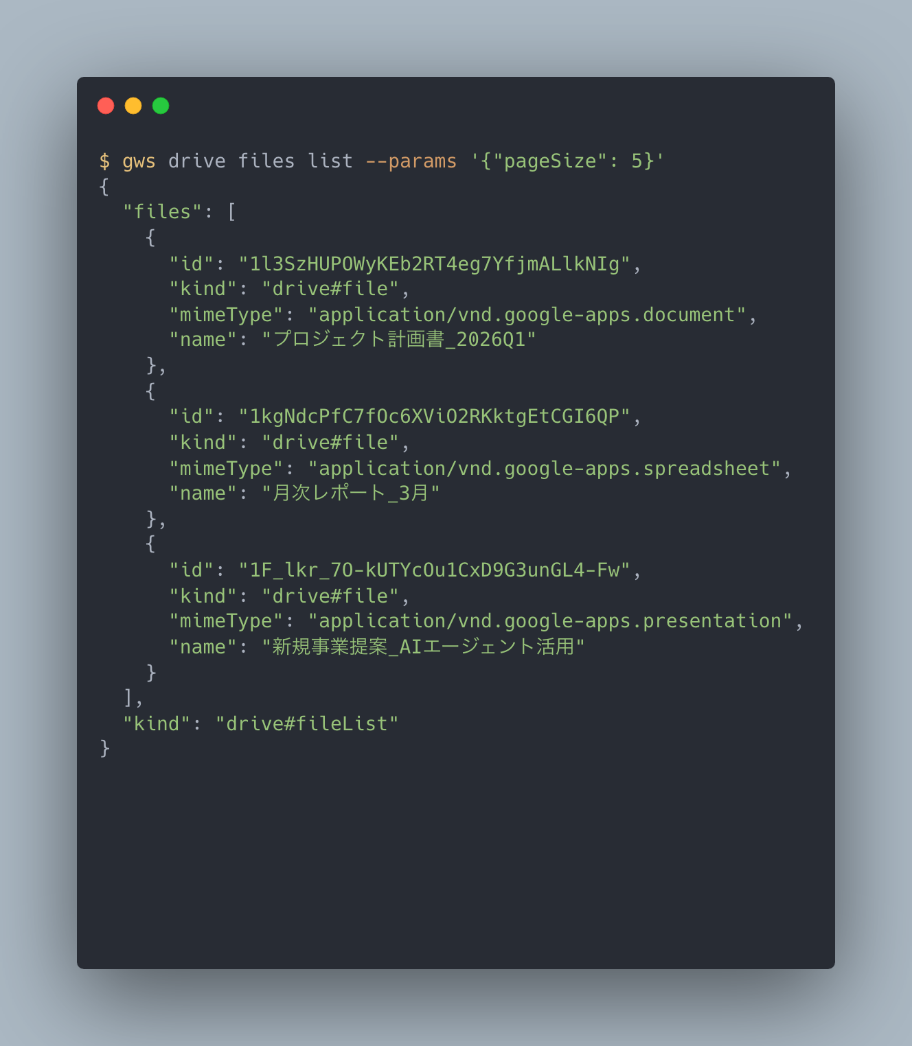 Drive のファイル一覧が JSON で返ってくる。ファイル名、種類、ID がひと目でわかる