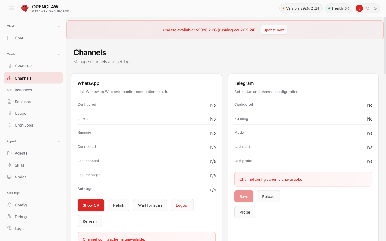Channels パネル — 対応メッセンジャーの一覧