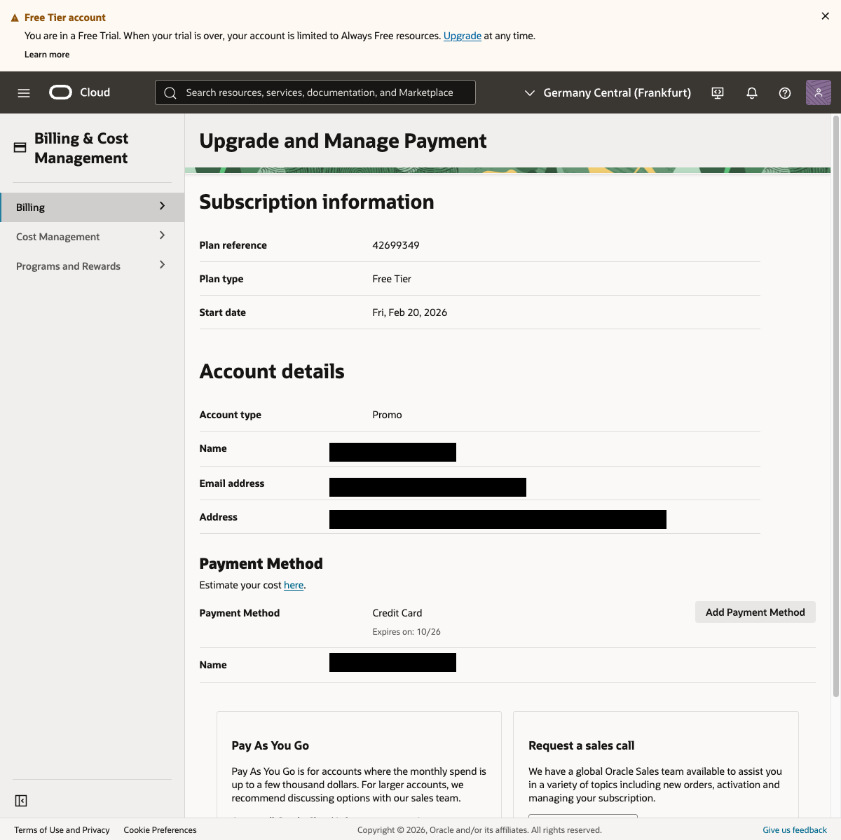 Upgrade and Manage Payment ページ